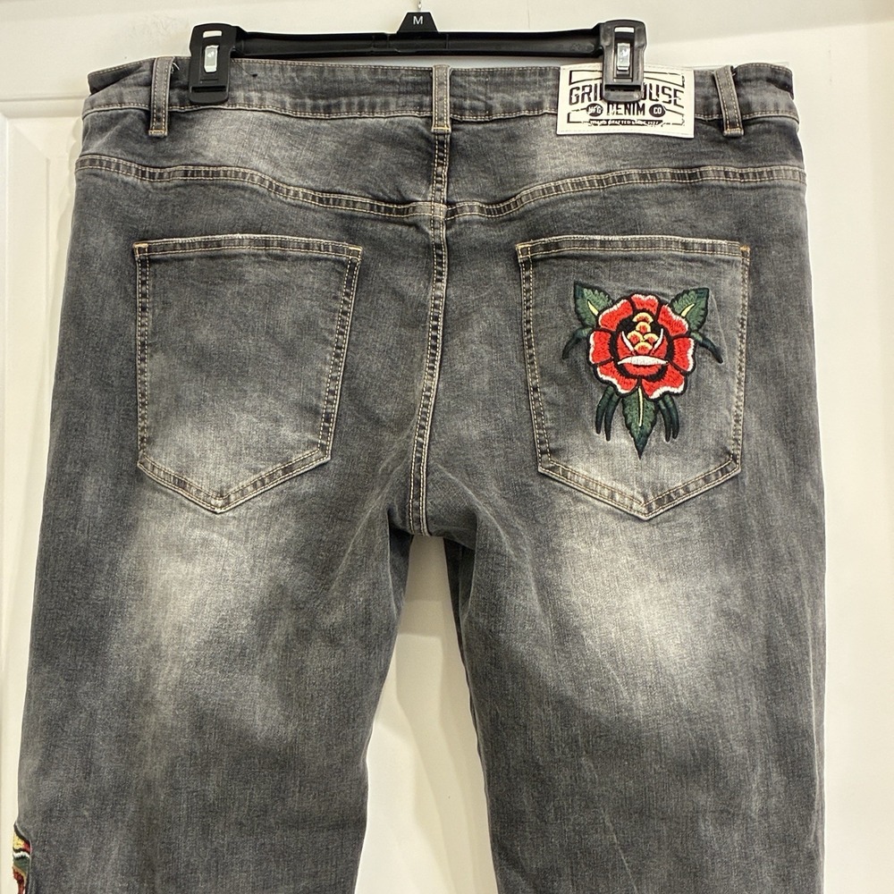 Grindhouse Black Jeans Size 38x31 Y2K Embroidered Roses Snake Grunge  Streetwear - Picture 6 of 14